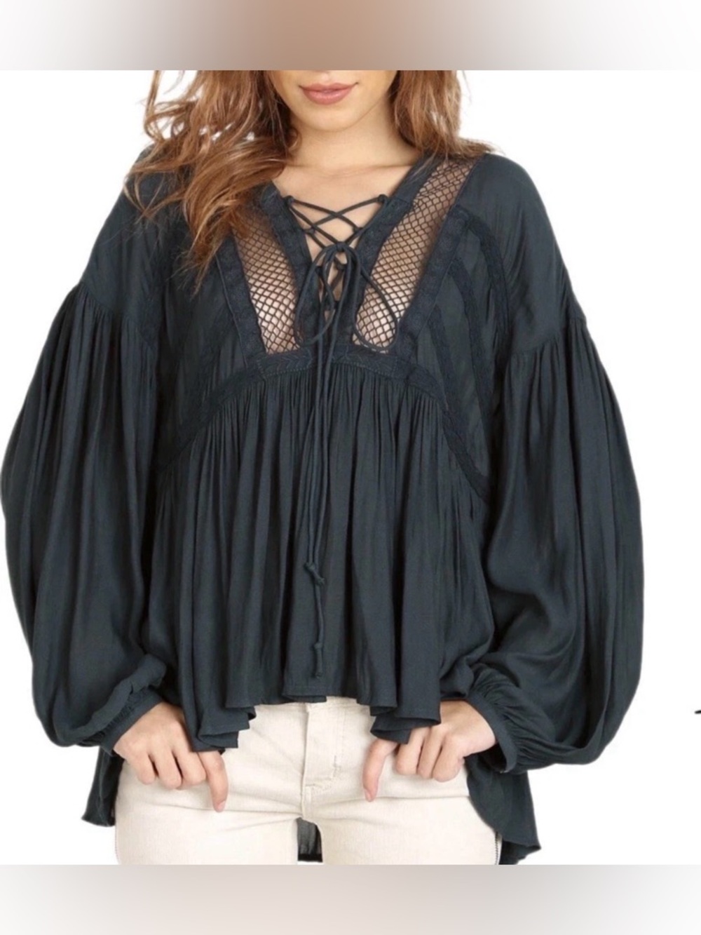 Free People Don't Let Go Peasant Top S Oversized Black Lace Up Boho Flowy
